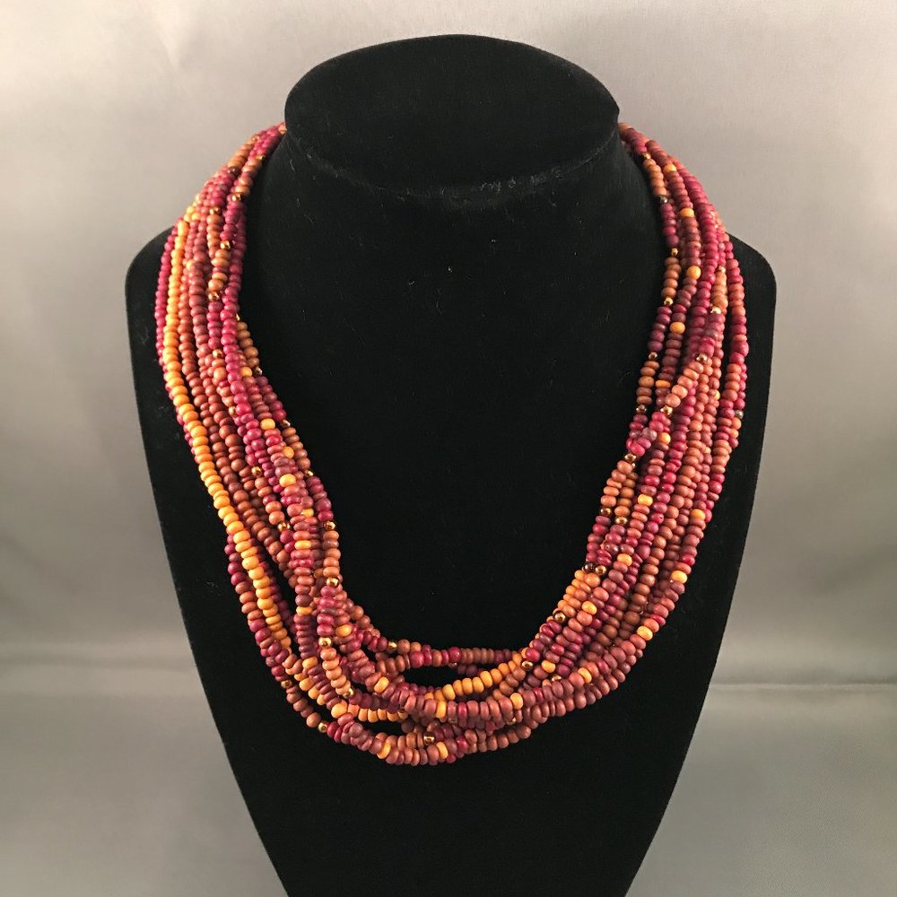 Vintage BoHo Wood Seed Bead Multi Strand Necklace